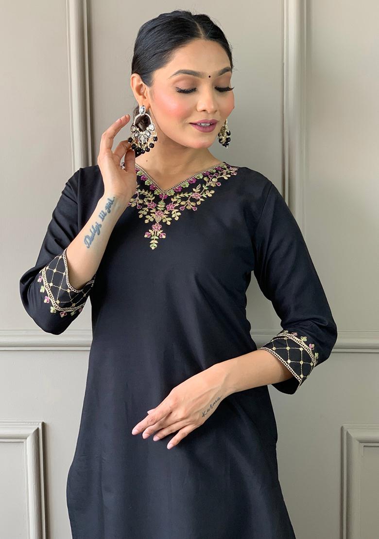 Black Embroidered Chanderi Kurta Set