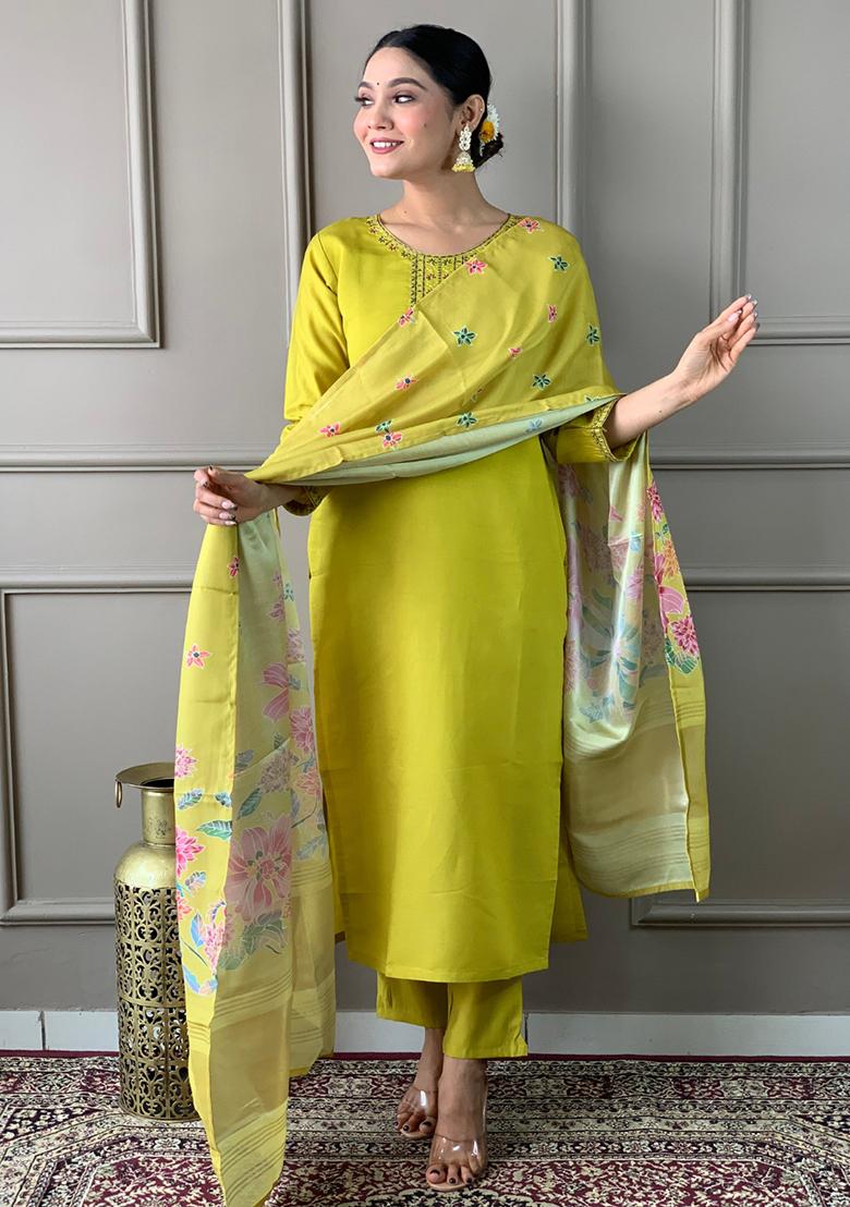 Mustard Embroidered Chanderi Kurta Set