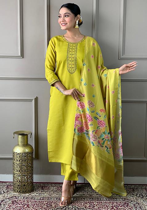 Mustard Embroidered Chanderi Kurta Set