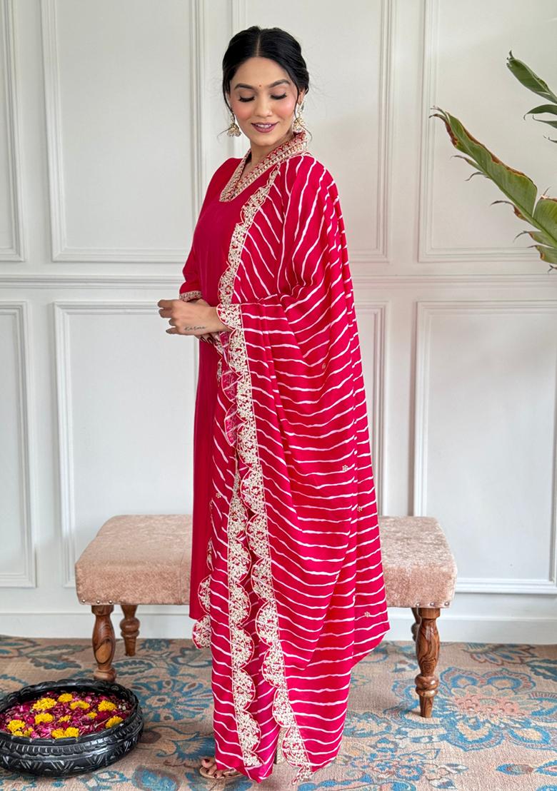 Red Embroidered Chanderi Kurta Set