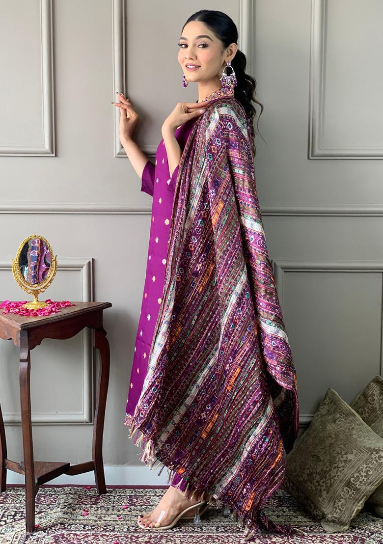Purple Embroidered Chanderi Kurta Set