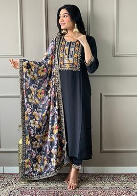 Black Embroidered Chanderi Kurta Set