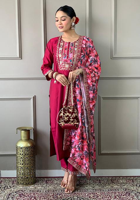 Red Embroidered Chanderi Kurta Set