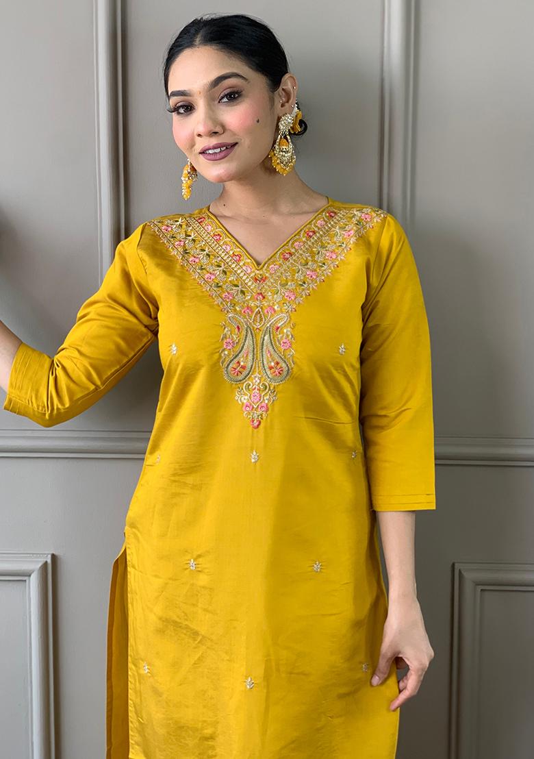 Yellow Embroidered Chanderi Kurta Set