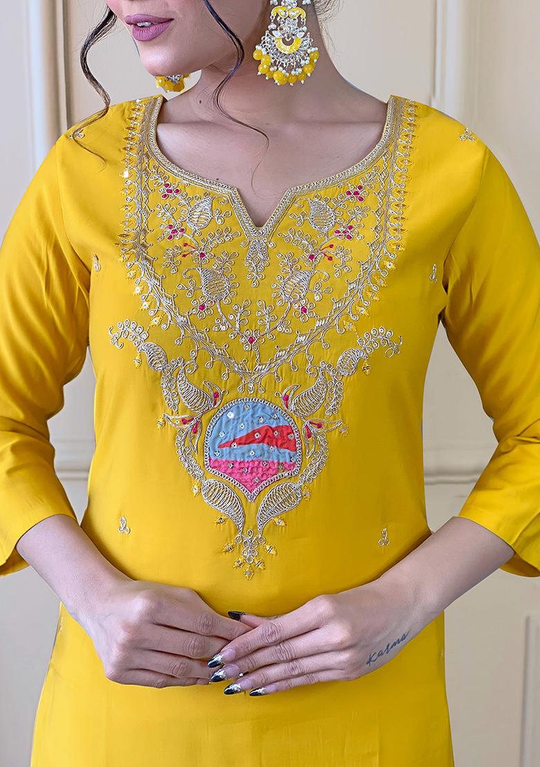 Yellow Embroidered Viscose Kurta Set