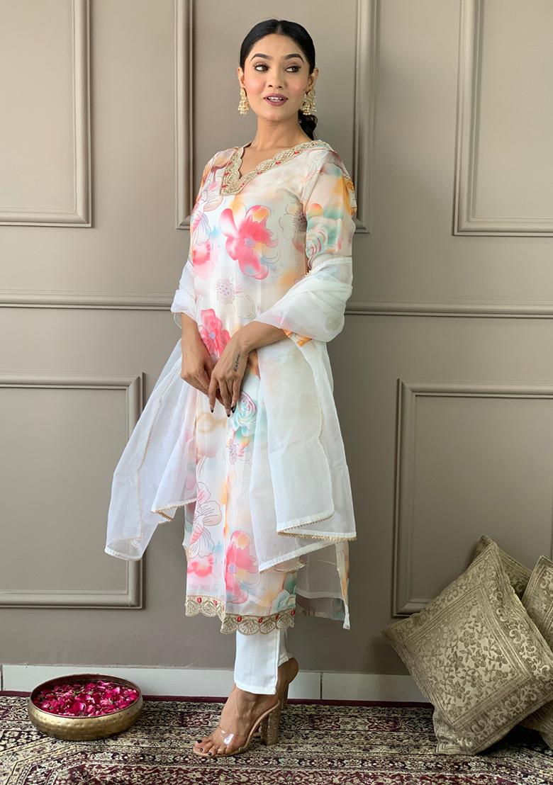 White Embroidered Organza Kurta Set