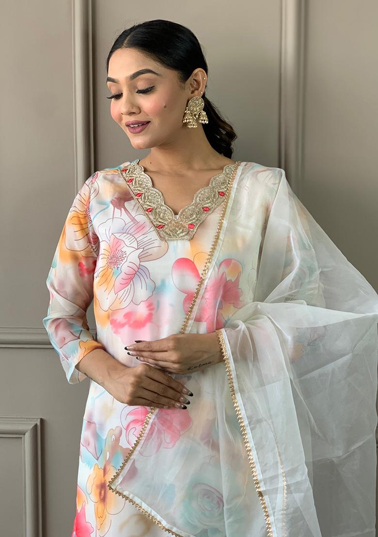 White Embroidered Organza Kurta Set