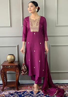 Purple Embroidered Rayon Kurta Set