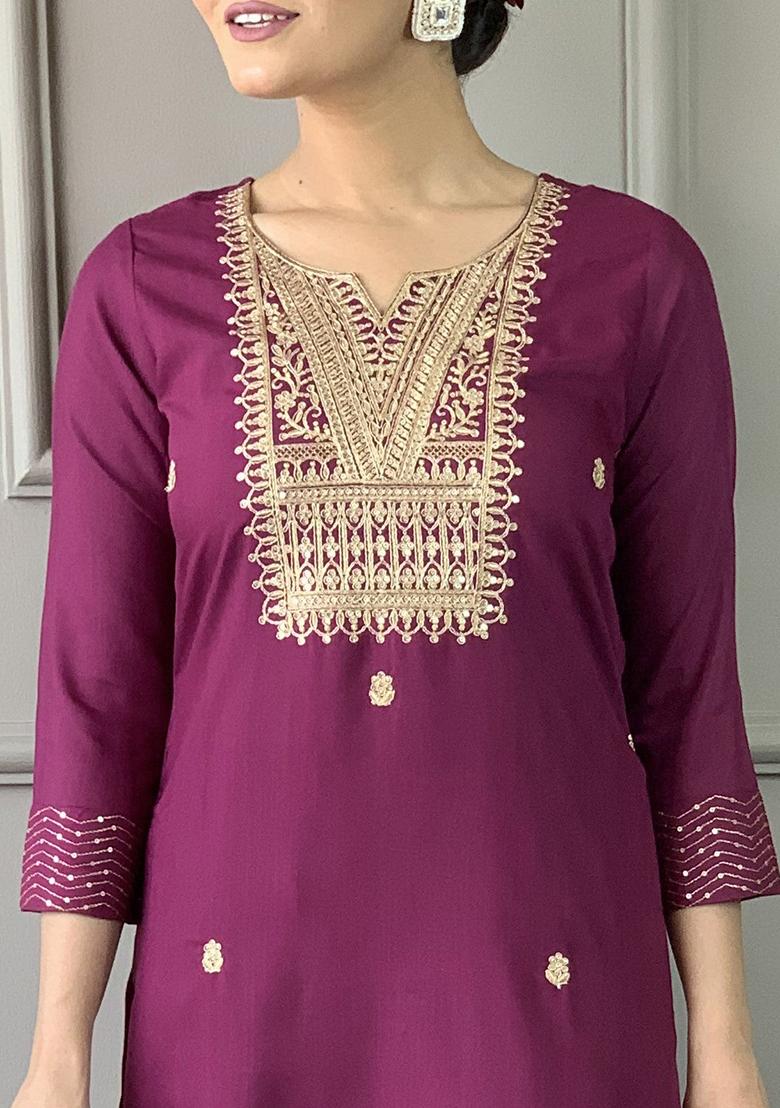 Purple Embroidered Rayon Kurta Set