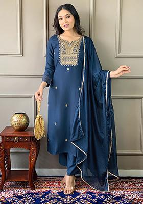 Blue Embroidered Rayon Kurta Set