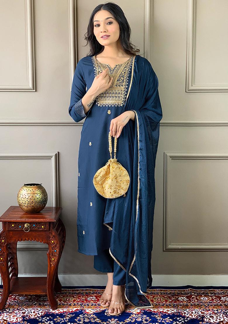 Blue Embroidered Rayon Kurta Set