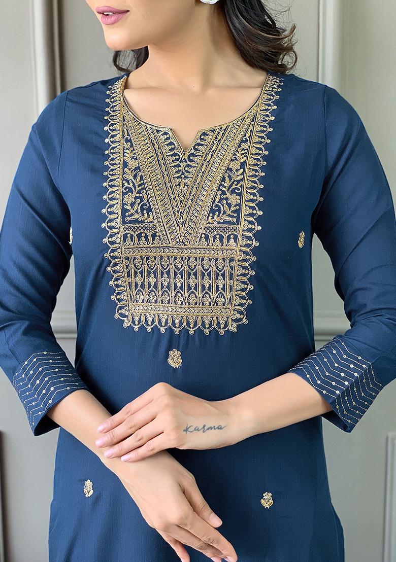 Blue Embroidered Rayon Kurta Set