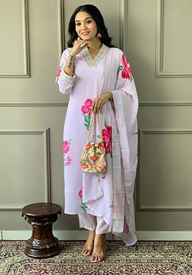 Purple Embroidered Crepe Kurta Set