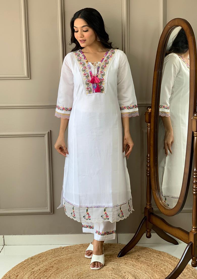 White Embroidered Chanderi Kurta Set