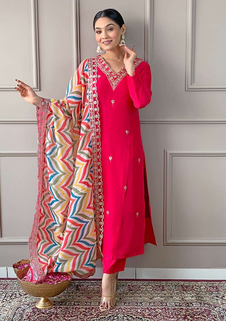 Red Embroidered Viscose Kurta Set - Indya