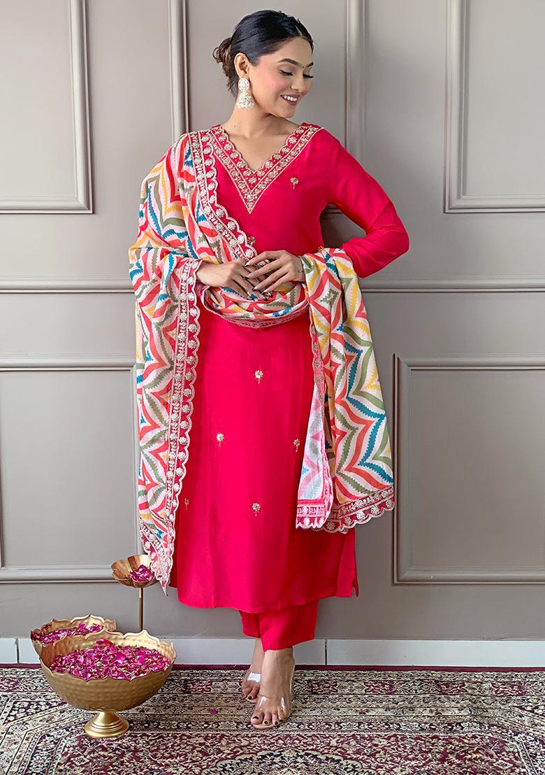 Red Embroidered Viscose Kurta Set