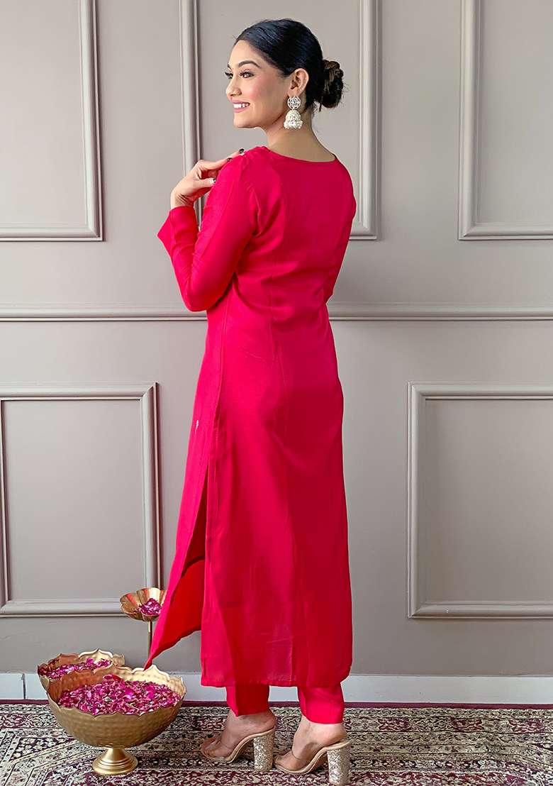 Red Embroidered Viscose Kurta Set - Indya