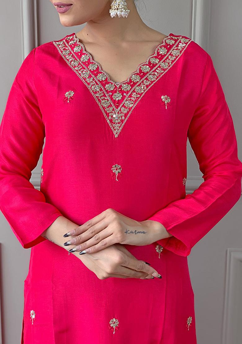 Red Embroidered Viscose Kurta Set