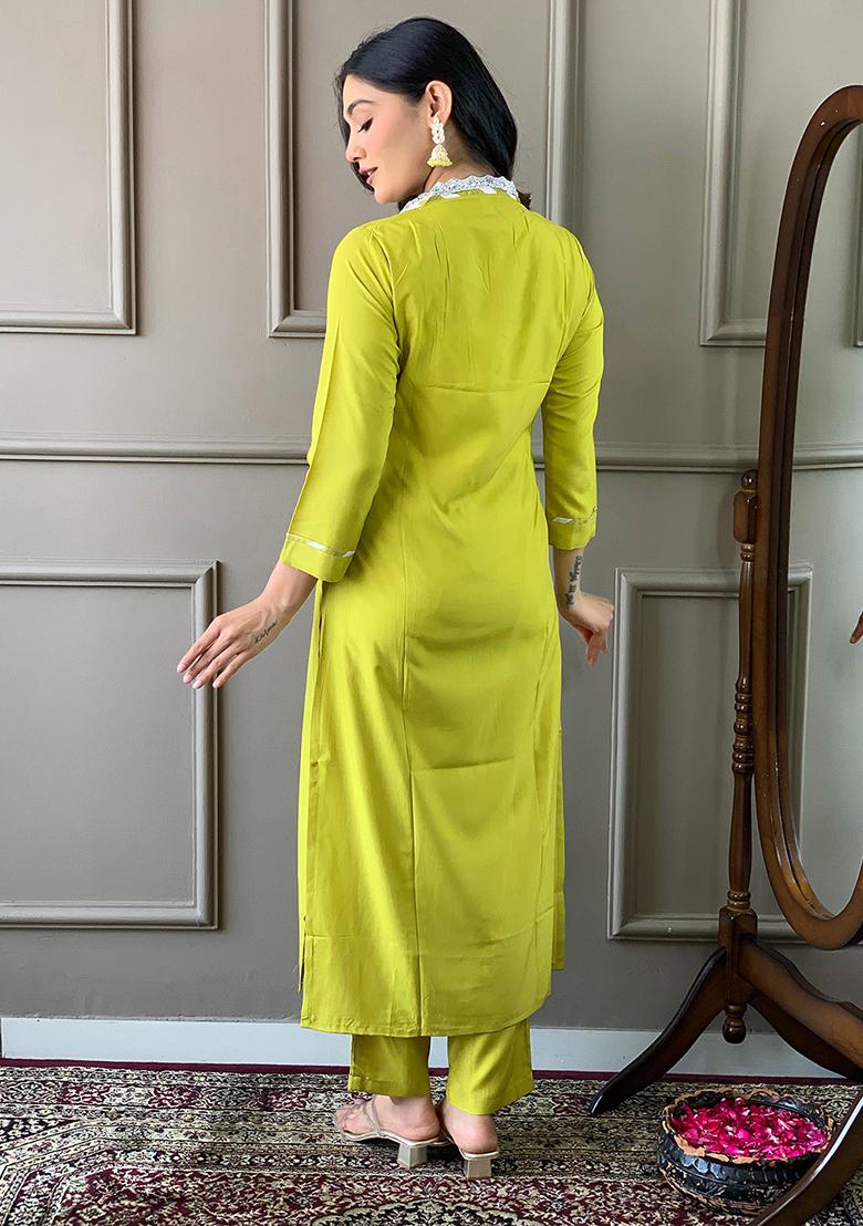 Yellow Embroidered Viscose Kurta Set