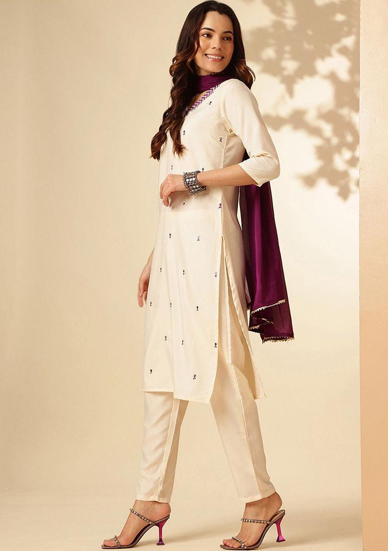 White Embroidered Rayon Kurta Set