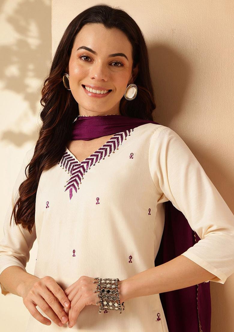 White Embroidered Rayon Kurta Set