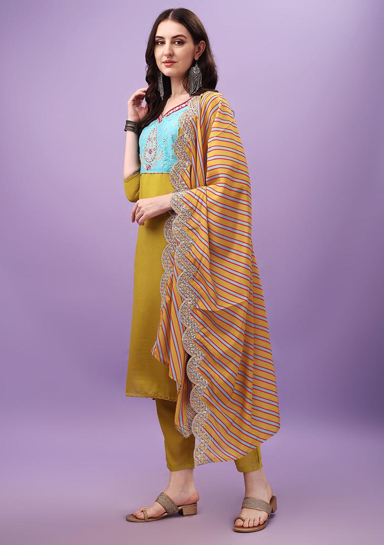 Yellow Embroidered Viscose Kurta Set