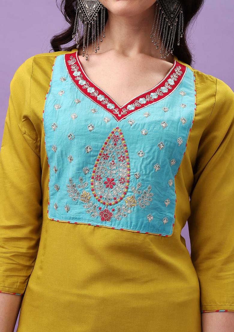 Yellow Embroidered Viscose Kurta Set