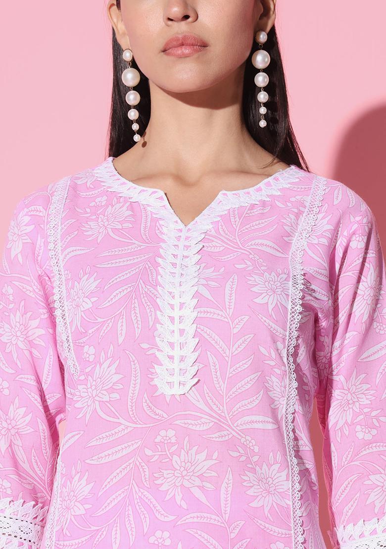 Pink Embroidered Cotton Kurta Set