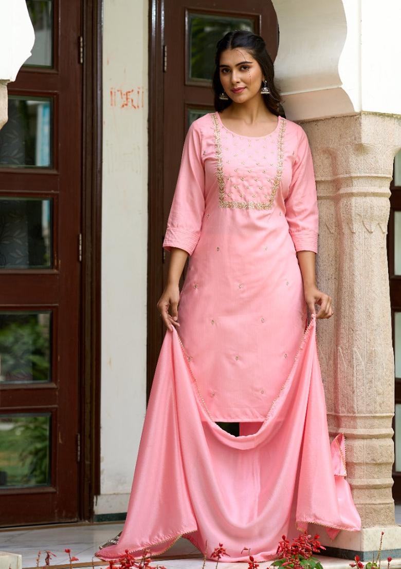 Pink Embroidered Rayon Kurta Set