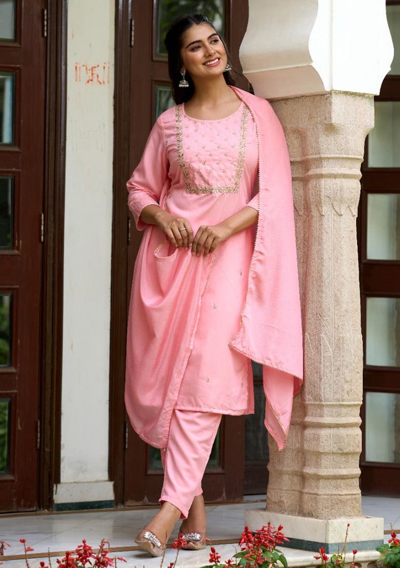 Pink Embroidered Rayon Kurta Set