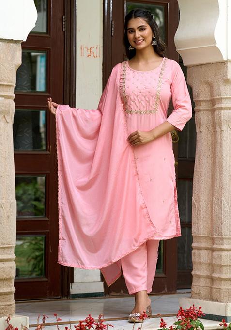 Pink Embroidered Rayon Kurta Set