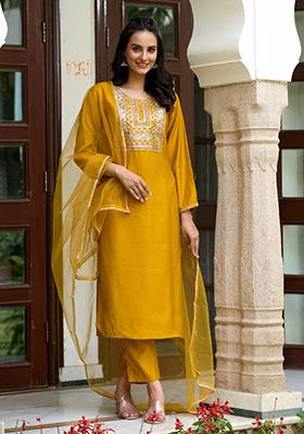 Yellow Embroidered Chanderi Kurta Set