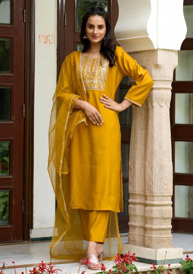 Yellow Embroidered Chanderi Kurta Set