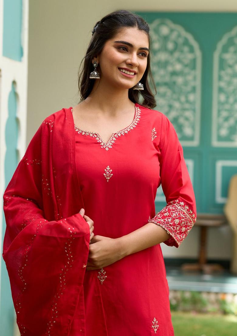 Red Embroidered Chanderi Kurta Set