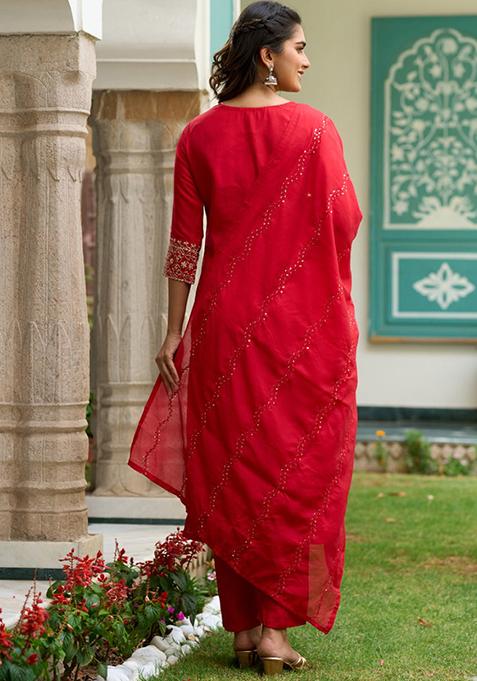 Red Embroidered Chanderi Kurta Set