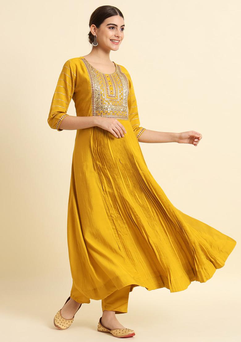 Yellow Embroidered Silk Kurta Set