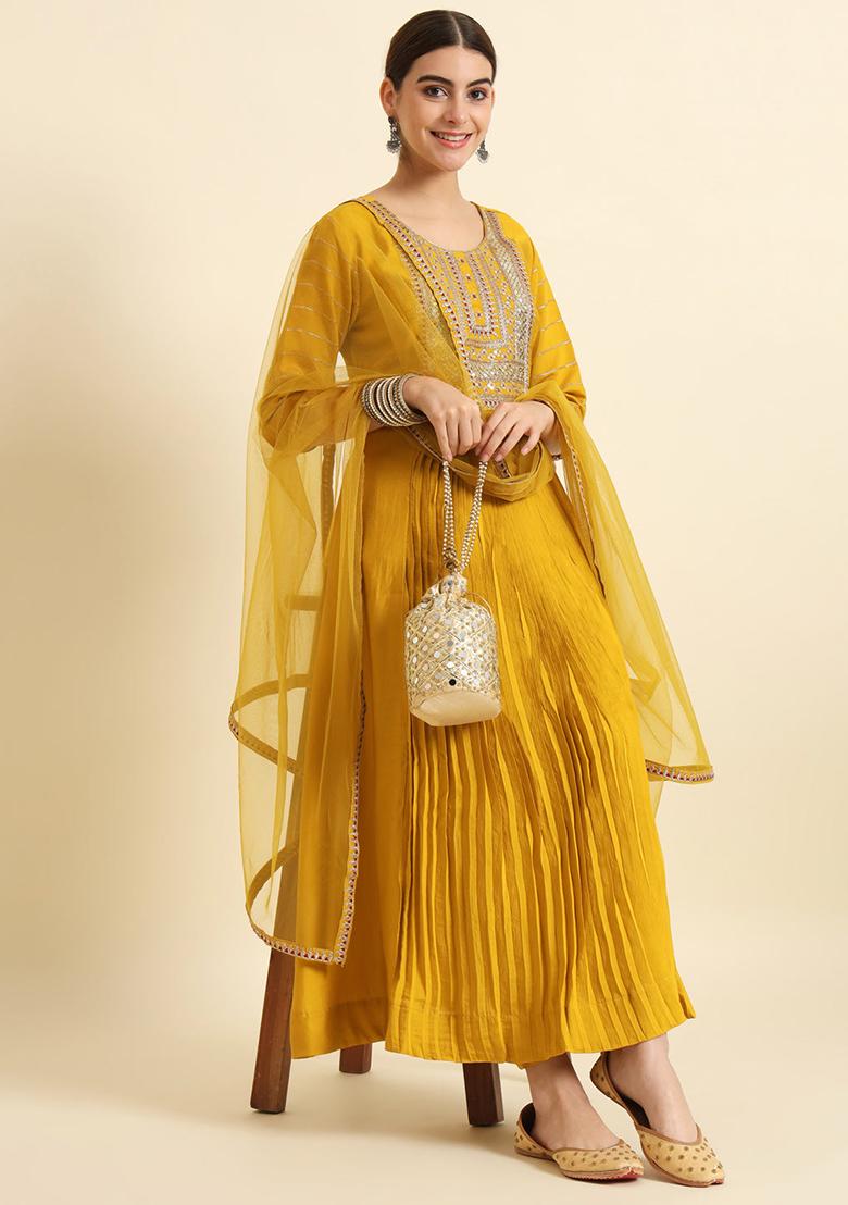 Yellow Embroidered Silk Kurta Set