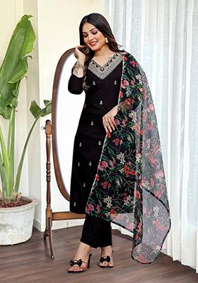 Black Embroidered Cotton Kurta Set