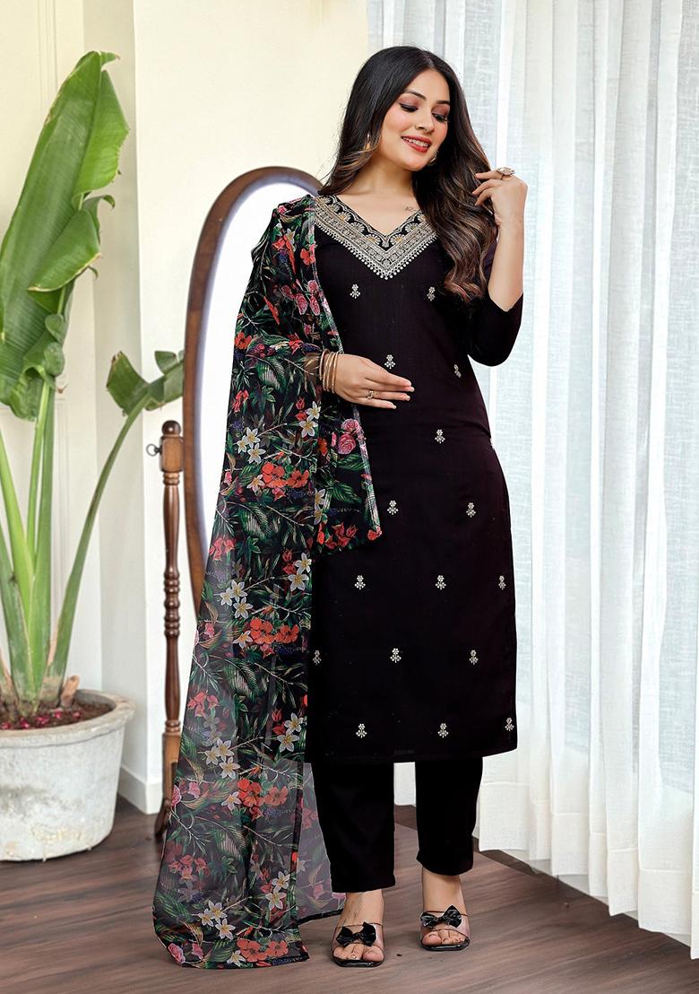 Black Embroidered Cotton Kurta Set