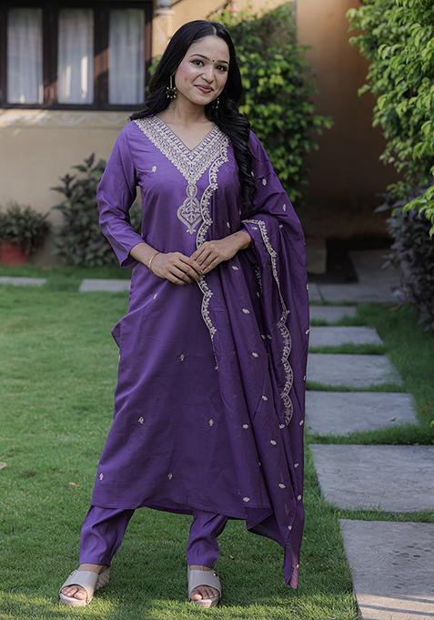 Lavender Embroidered Chanderi Kurta Set