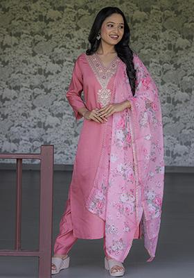 Pink Embroidered Chanderi Kurta Set