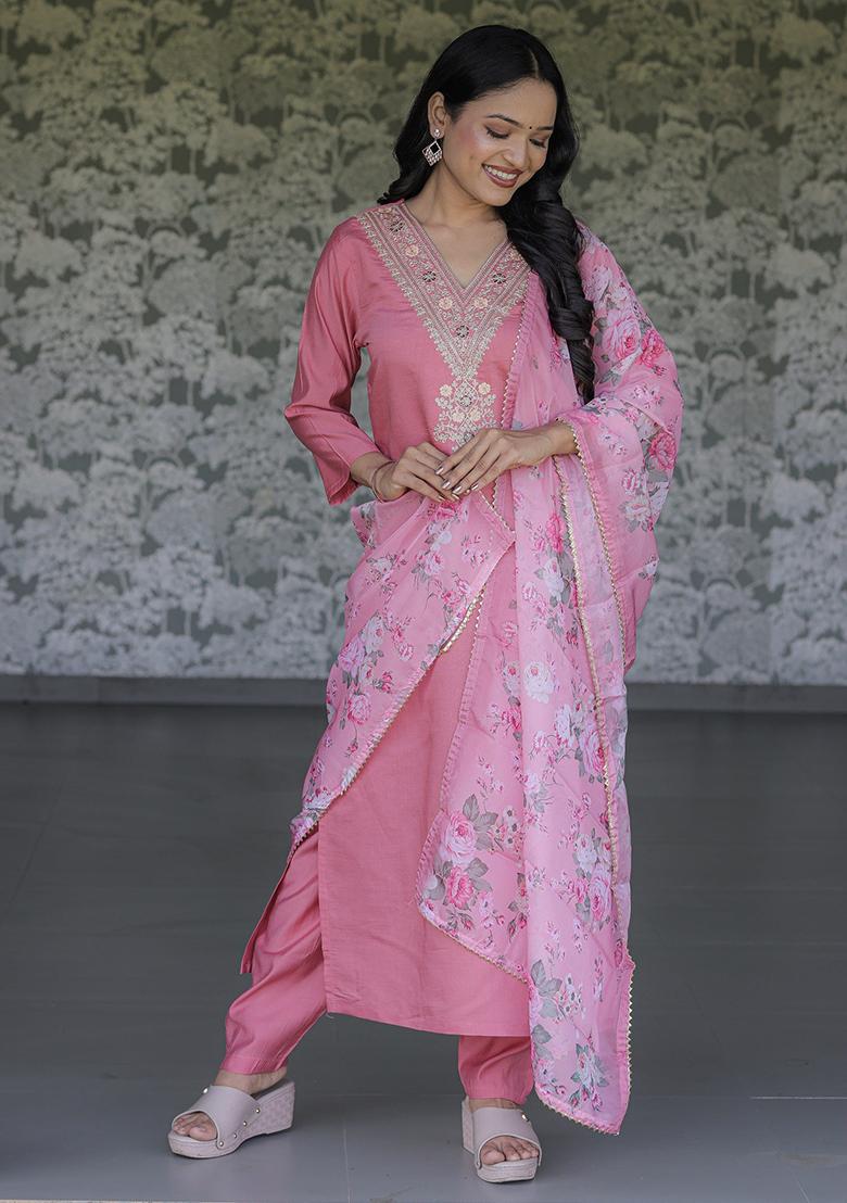 Pink Embroidered Chanderi Kurta Set