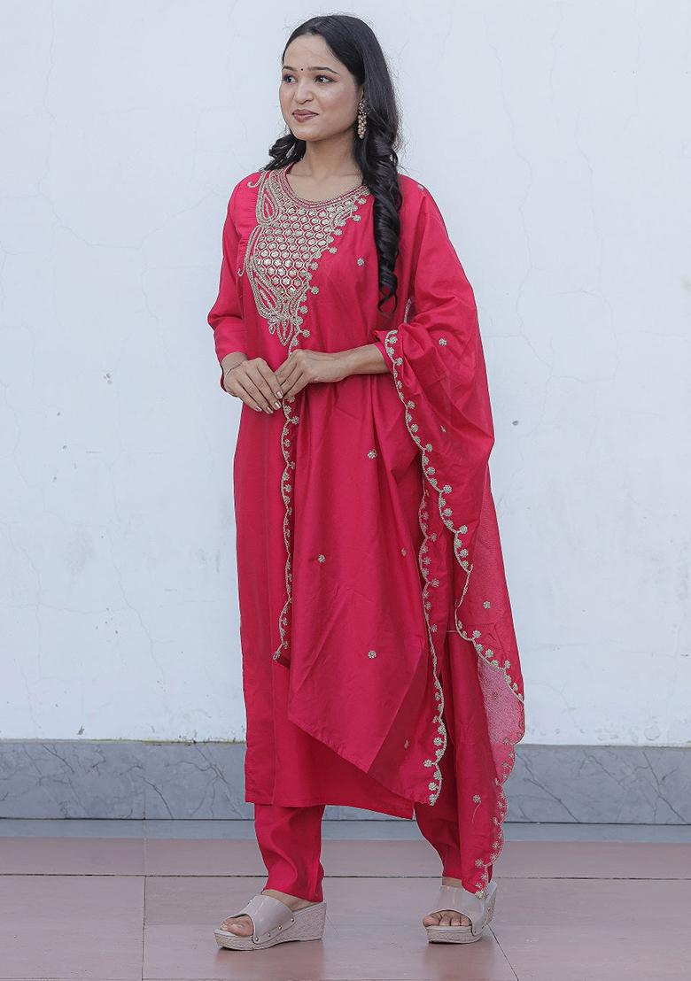 Rani Pink Embroidered Chanderi Kurta Set