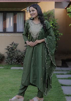 Green Embroidered Chanderi Kurta Set