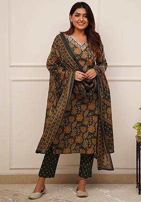 Green Printed Rayon Kurta Set