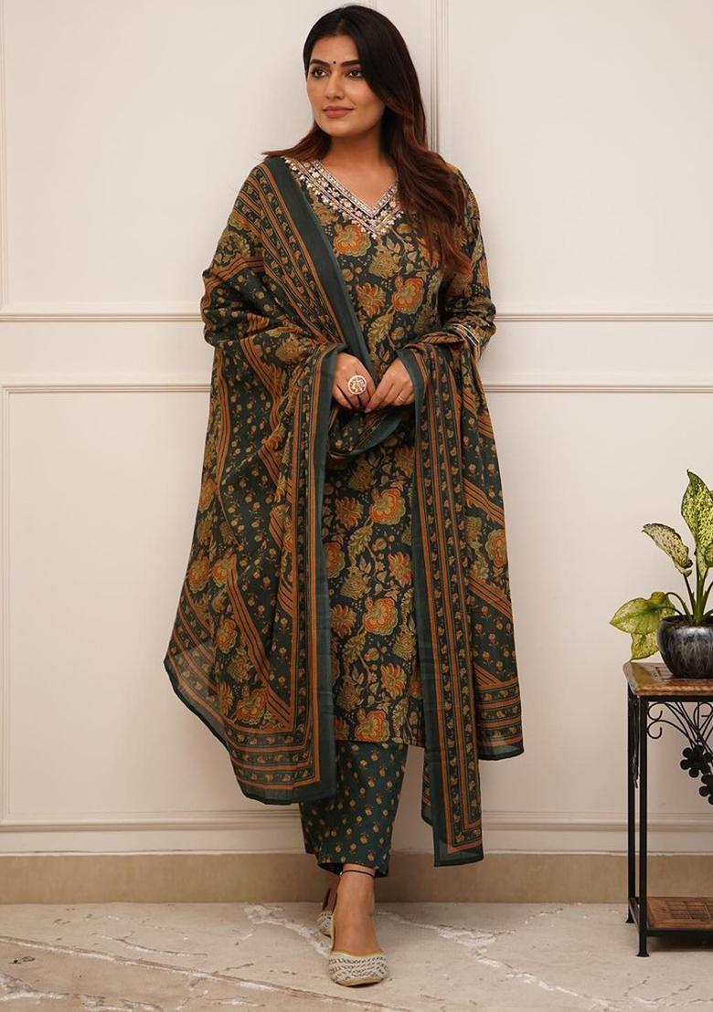 Green Printed Rayon Kurta Set