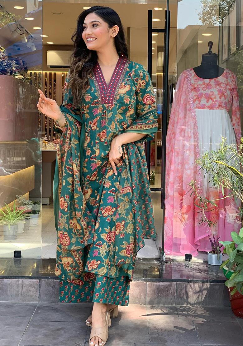 Green Printed Rayon Kurta Set