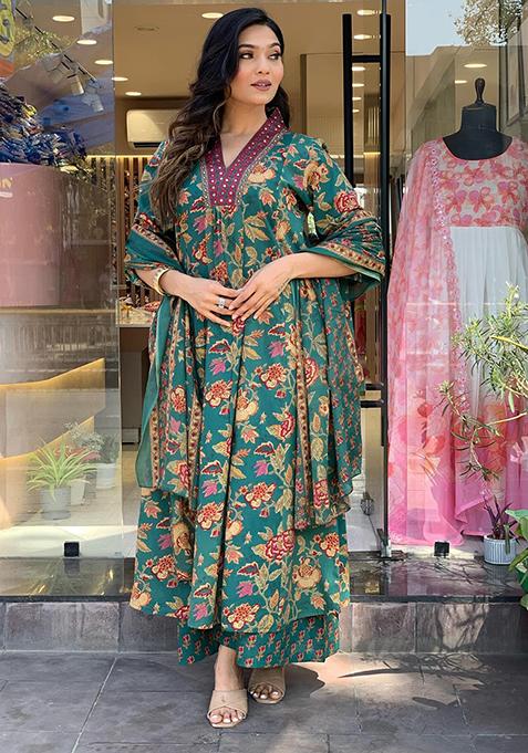 Green Printed Rayon Kurta Set