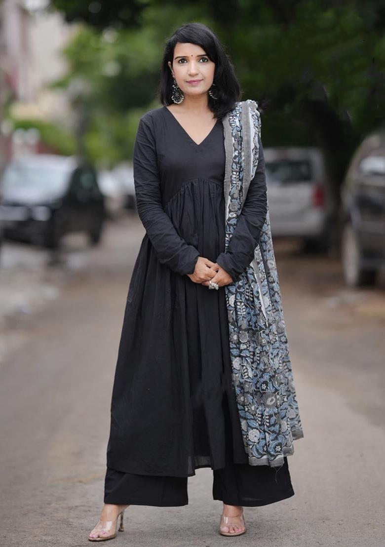 Black Printed Rayon Kurta Set