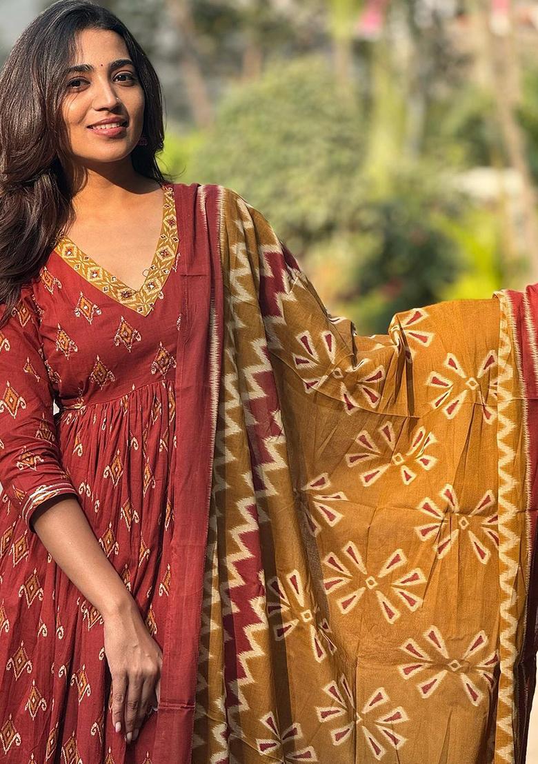 Red Printed Rayon Kurta Set